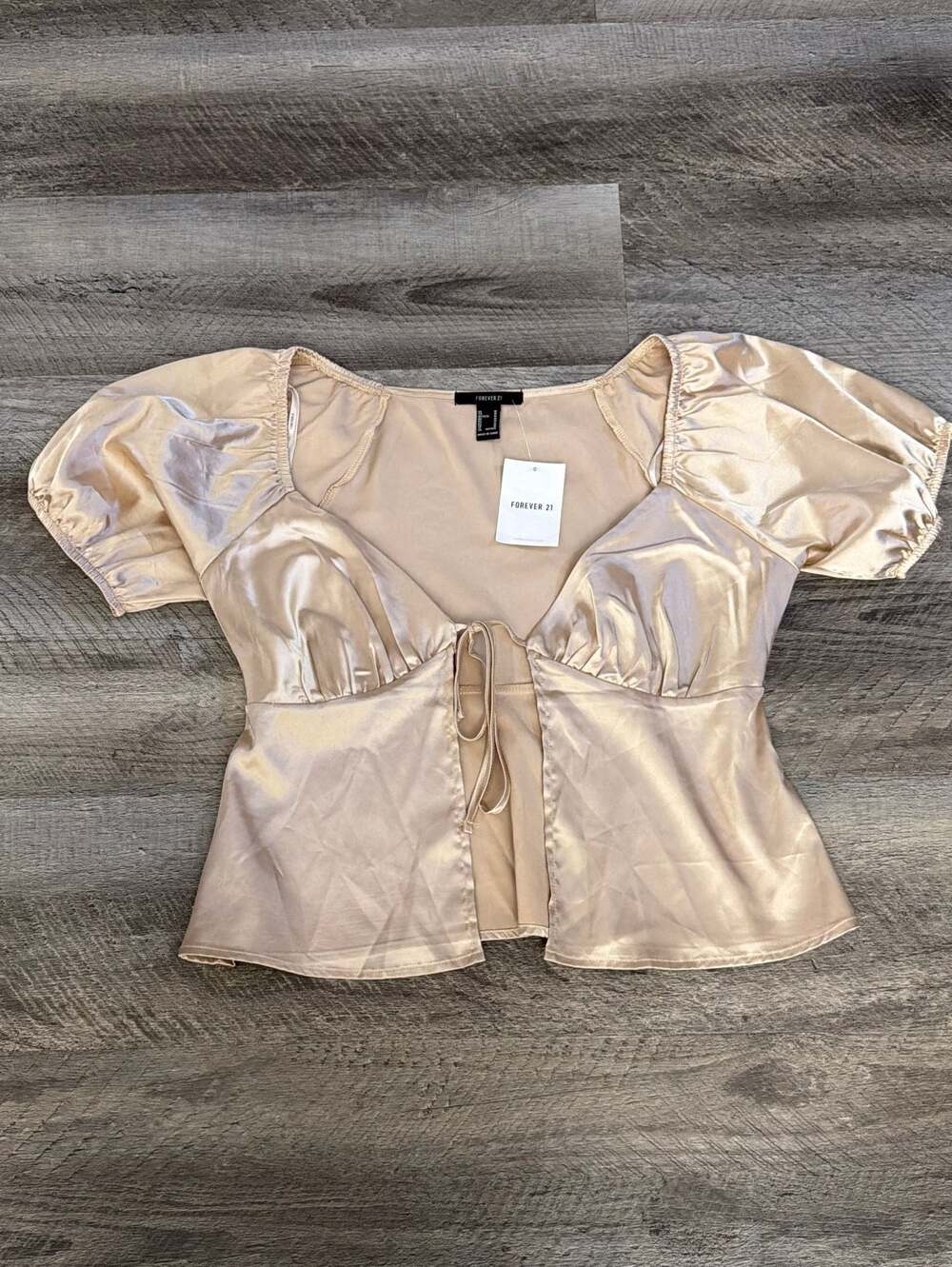 Forever 21 Champagne Satin Tie-Front Puff Sleeve Blouse - Picture 2 of 5